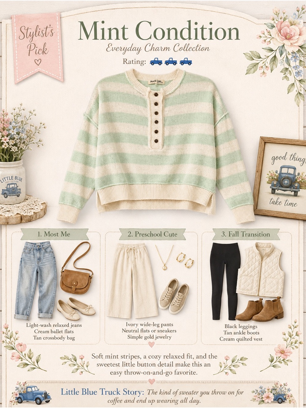 Peach Love California Mint & Cream Striped Button-Henley Sweater